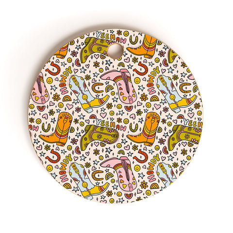 Doodle By Meg Rainbow Cowboy Boots Print Cutting Board Round