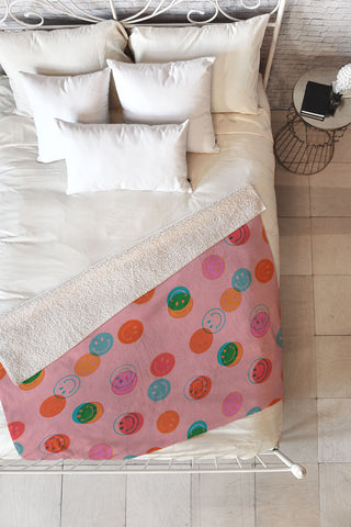 Doodle By Meg Smiley Face Print in Pink Fleece Throw Blanket