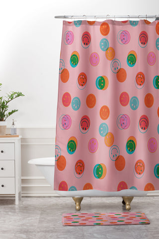 Doodle By Meg Smiley Face Print in Pink Shower Curtain And Mat