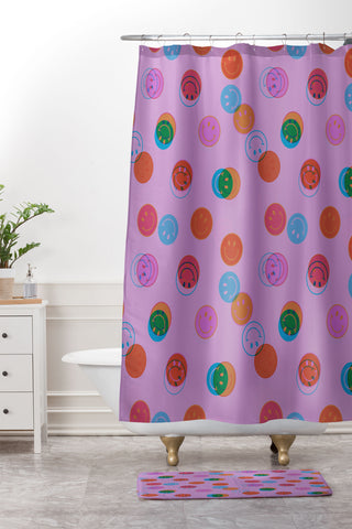 Doodle By Meg Smiley Face Print in Purple Shower Curtain And Mat