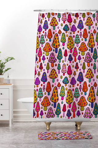 Doodle By Meg Smiley Mushroom in Pink Shower Curtain And Mat