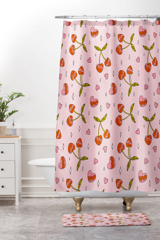 Doodle By Meg VIntage Cherry Print Shower Curtain And Mat