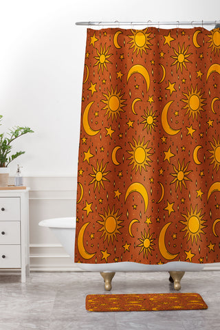 Doodle By Meg Vintage Star and Sun in Rust Shower Curtain And Mat