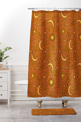 Doodle By Meg Zodiac Sun and Star Print Rust Shower Curtain And Mat