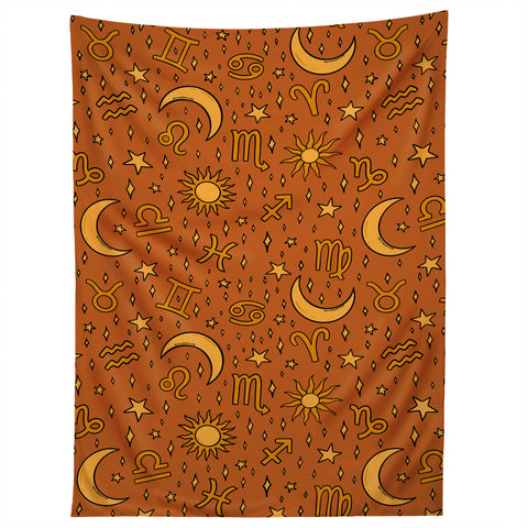 Doodle By Meg Zodiac Sun and Star Print Rust Tapestry