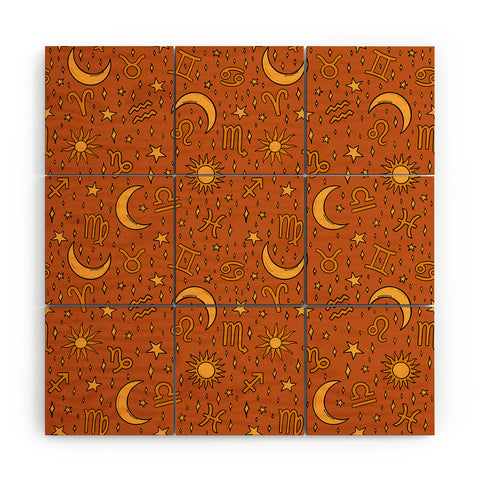 Doodle By Meg Zodiac Sun and Star Print Rust Wood Wall Mural