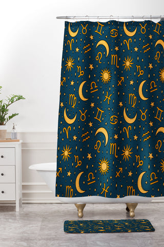 Doodle By Meg Zodiac Sun Star Print Navy Shower Curtain And Mat