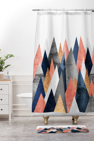 Elisabeth Fredriksson Pink And Navy Peaks Shower Curtain And Mat