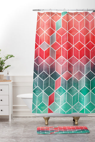 Elisabeth Fredriksson Rose And Turquoise Cubes Shower Curtain And Mat