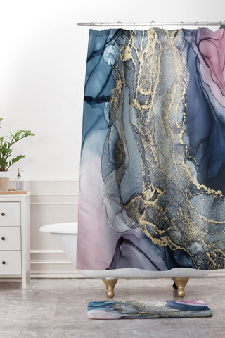 Elizabeth Karlson Blush Paynes Gray Gold Shower Curtain And Mat