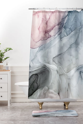 Elizabeth Karlson Pastel Blush Gray and Blue Shower Curtain And Mat