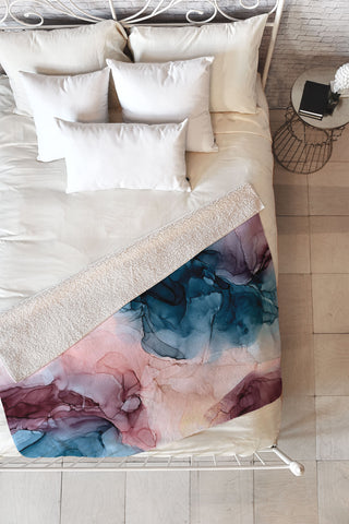 Elizabeth Karlson Pastel Plum Deep Blue Blush and Gold Painting Fleece Throw Blanket