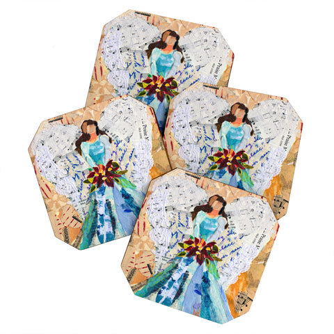 Elizabeth St Hilaire Aqua Poinsettia Angel Coaster Set