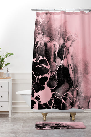 Emanuela Carratoni Black Marble and Pink Shower Curtain And Mat