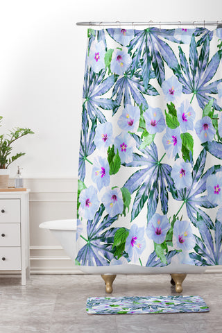 Emanuela Carratoni Blue Tropical Blossom Shower Curtain And Mat