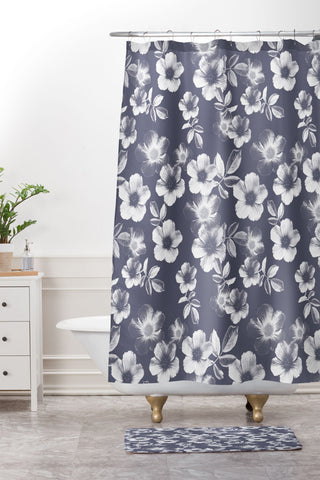 Emanuela Carratoni Classic Blue Floral Theme Shower Curtain And Mat