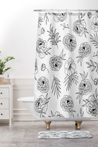 Emanuela Carratoni Floral Line Art Shower Curtain And Mat