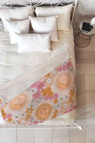 Emanuela Carratoni Floral Moon and Sun Fleece Throw Blanket