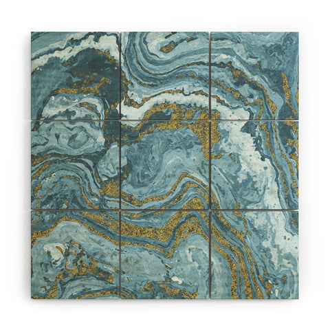 Emanuela Carratoni Gold Waves on Blue Wood Wall Mural