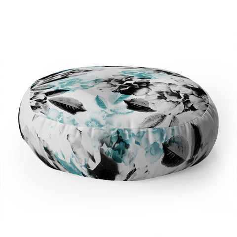 Emanuela Carratoni Gray and Blue Rose Garden Floor Pillow Round