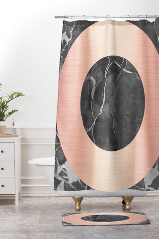 Emanuela Carratoni Grey Marble with a Pink Circle Shower Curtain And Mat