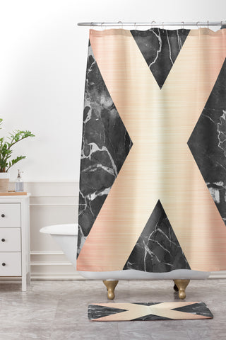 Emanuela Carratoni Grey Marble with a Pink X Shower Curtain And Mat