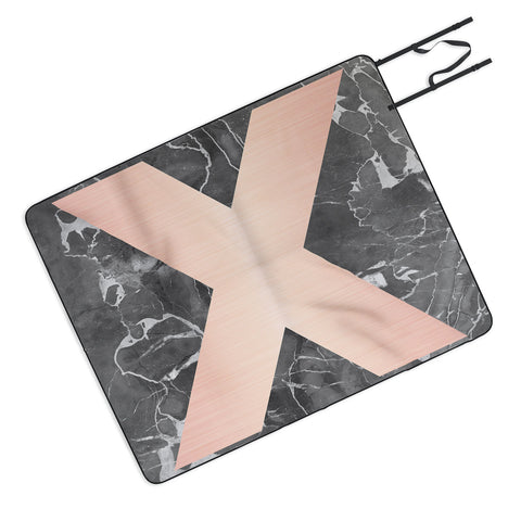 Emanuela Carratoni Grey Marble with a Pink X Picnic Blanket