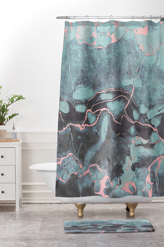 Emanuela Carratoni Light Blue and Blush Marble Shower Curtain And Mat