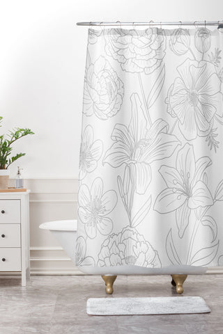 Emanuela Carratoni Line Art Floral Theme Shower Curtain And Mat
