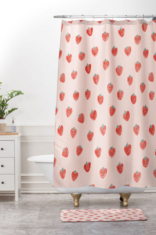Emanuela Carratoni Strawberries on Pink Shower Curtain And Mat
