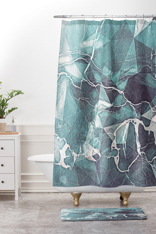 Emanuela Carratoni Teal Blue Geometric Marble Shower Curtain And Mat