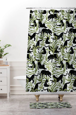evamatise Abstract Wild Cats and Plants Shower Curtain And Mat