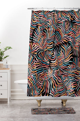 evamatise Colorful Tropical Plants Dark Shower Curtain And Mat