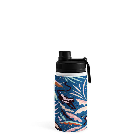 evamatise Exotic Wilderness on Blue Panthers and Plants Water Bottle