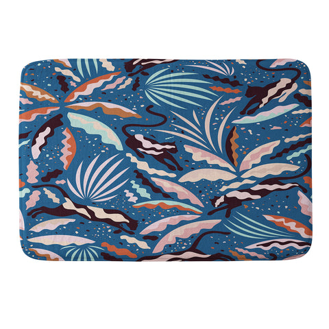evamatise Exotic Wilderness on Blue Panthers and Plants Memory Foam Bath Mat