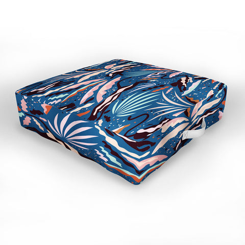 evamatise Exotic Wilderness on Blue Panthers and Plants Outdoor Floor Cushion