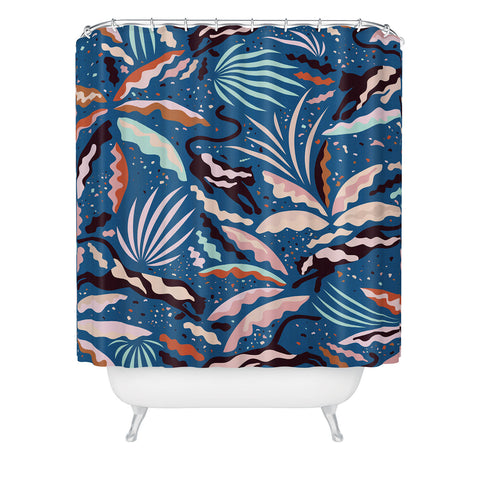 evamatise Exotic Wilderness on Blue Panthers and Plants Shower Curtain