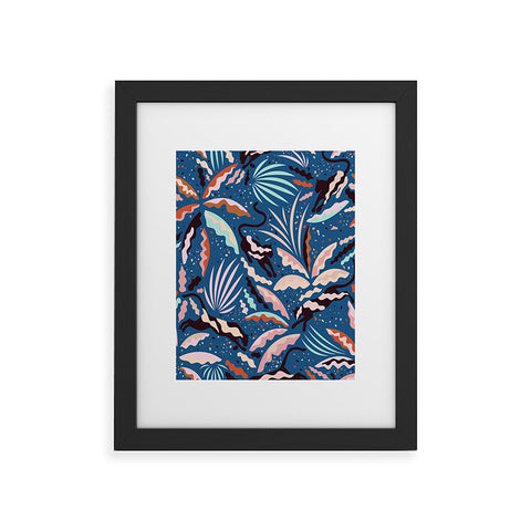evamatise Exotic Wilderness on Blue Panthers and Plants Framed Art Print