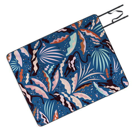 evamatise Exotic Wilderness on Blue Panthers and Plants Outdoor Blanket