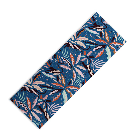 evamatise Exotic Wilderness on Blue Panthers and Plants Yoga Mat