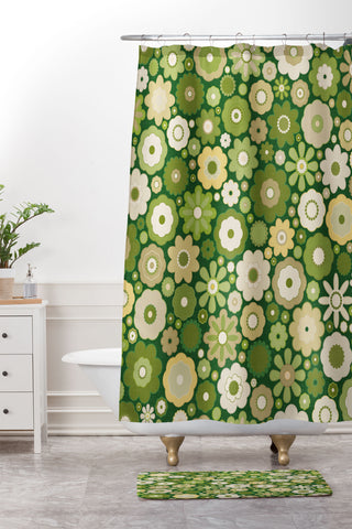 evamatise Flowers in the 60s Vintage Green Shower Curtain And Mat
