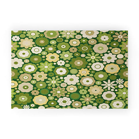 evamatise Flowers in the 60s Vintage Green Welcome Mat