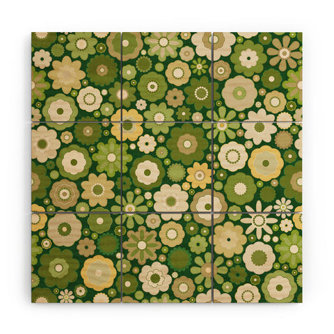 evamatise Flowers in the 60s Vintage Green Wood Wall Mural