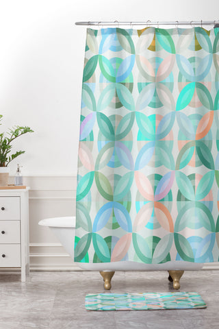 evamatise Geometric Shapes in Vibrant Greens Shower Curtain And Mat