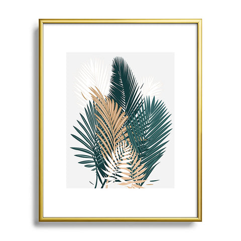 evamatise Gold and Green Palm Leaves Metal Framed Art Print