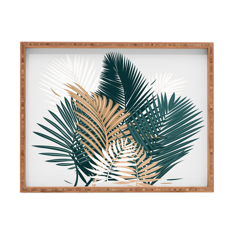 evamatise Gold and Green Palm Leaves Rectangular Tray