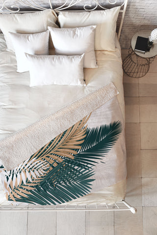 evamatise Gold and Green Palm Leaves Fleece Throw Blanket