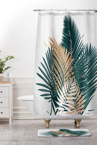 evamatise Gold and Green Palm Leaves Shower Curtain And Mat