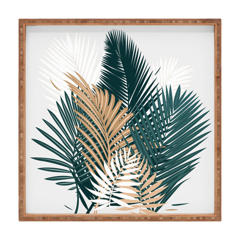 evamatise Gold and Green Palm Leaves Square Tray