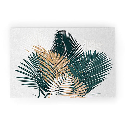 evamatise Gold and Green Palm Leaves Welcome Mat